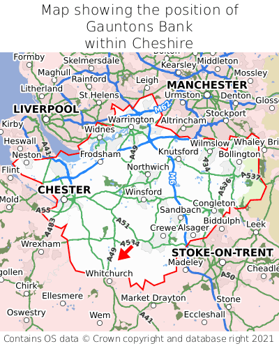 Map showing location of Gauntons Bank within Cheshire