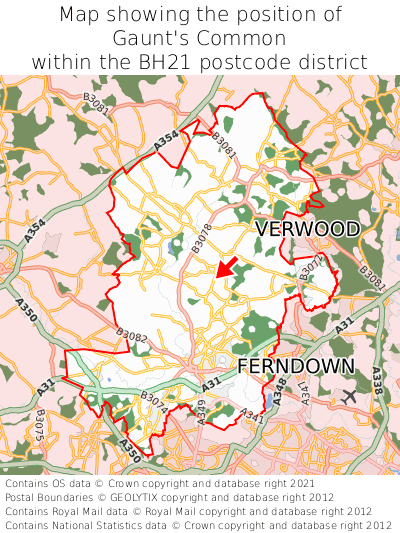 Map showing location of Gaunt's Common within BH21