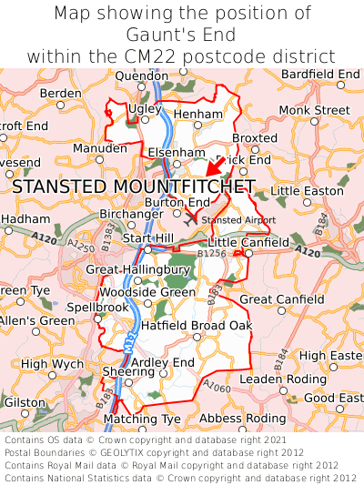 Map showing location of Gaunt's End within CM22