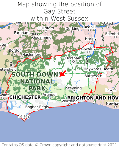 Map showing location of Gay Street within West Sussex