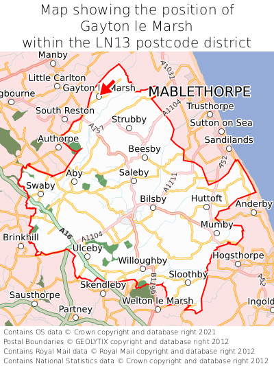 Map showing location of Gayton le Marsh within LN13