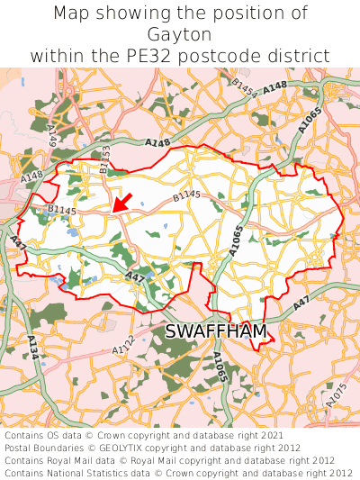 Map showing location of Gayton within PE32