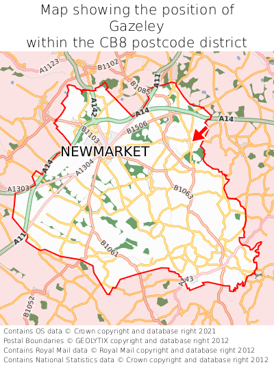 Map showing location of Gazeley within CB8