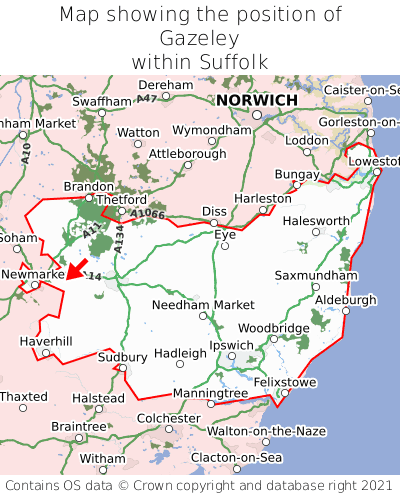Map showing location of Gazeley within Suffolk