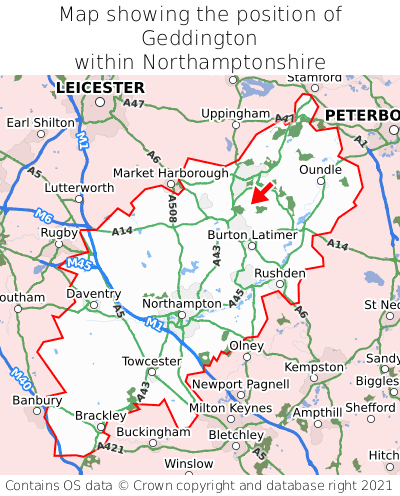 Map showing location of Geddington within Northamptonshire