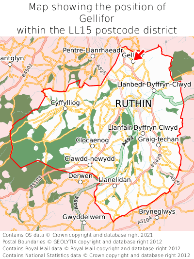 Map showing location of Gellifor within LL15