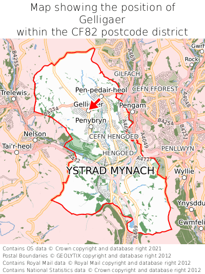 Map showing location of Gelligaer within CF82