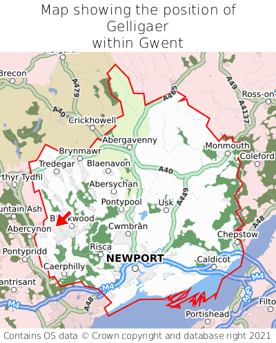 Map showing location of Gelligaer within Gwent