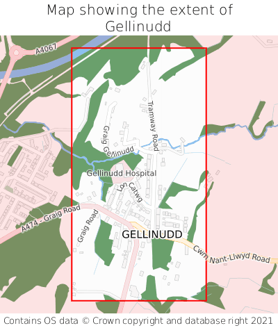 Map showing extent of Gellinudd as bounding box