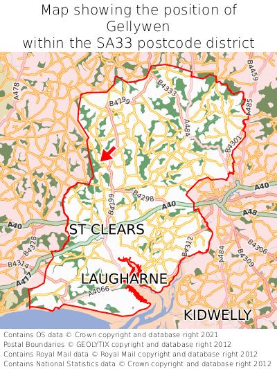 Map showing location of Gellywen within SA33
