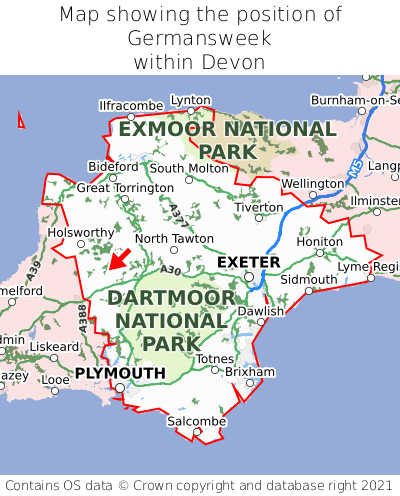 Map showing location of Germansweek within Devon