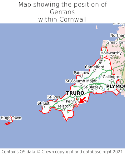 Map showing location of Gerrans within Cornwall