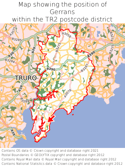 Map showing location of Gerrans within TR2