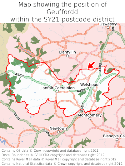 Map showing location of Geuffordd within SY21