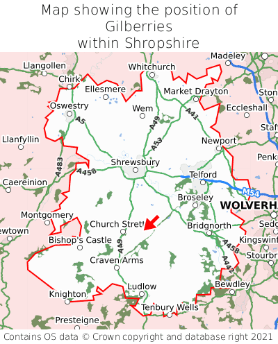 Map showing location of Gilberries within Shropshire