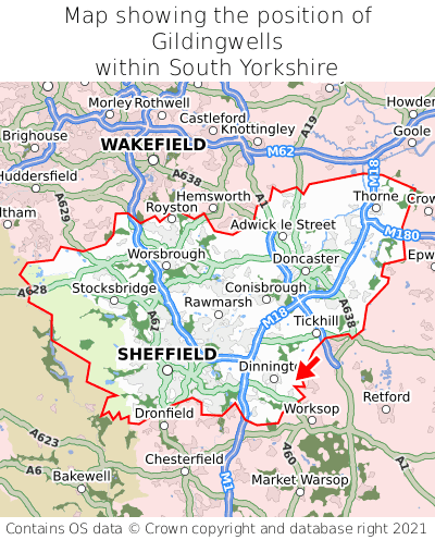 Map showing location of Gildingwells within South Yorkshire