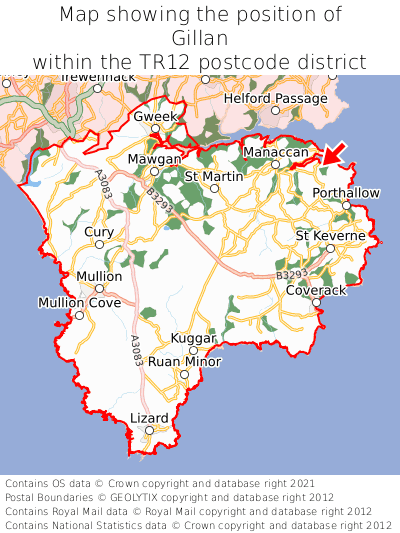 Map showing location of Gillan within TR12