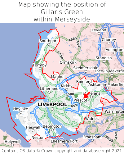 Map showing location of Gillar's Green within Merseyside
