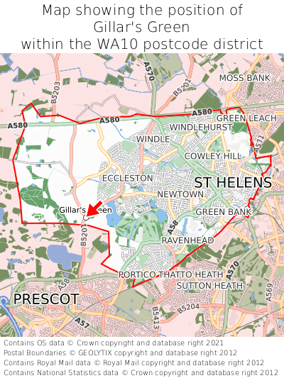 Map showing location of Gillar's Green within WA10