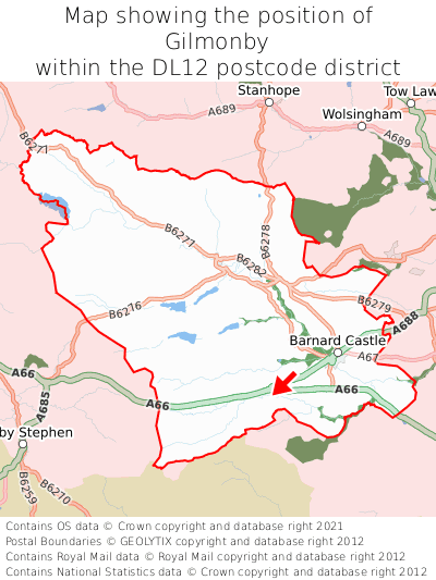 Map showing location of Gilmonby within DL12