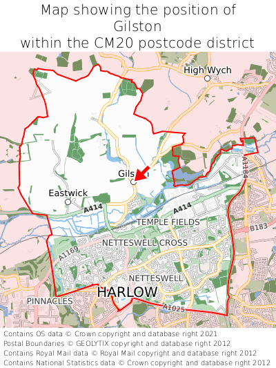 Map showing location of Gilston within CM20