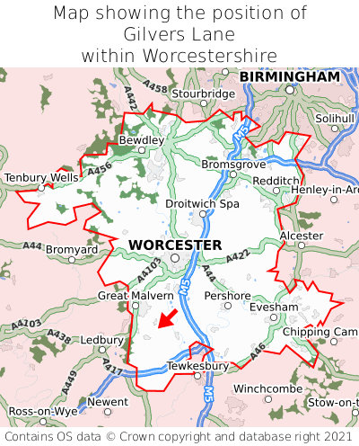 Map showing location of Gilvers Lane within Worcestershire