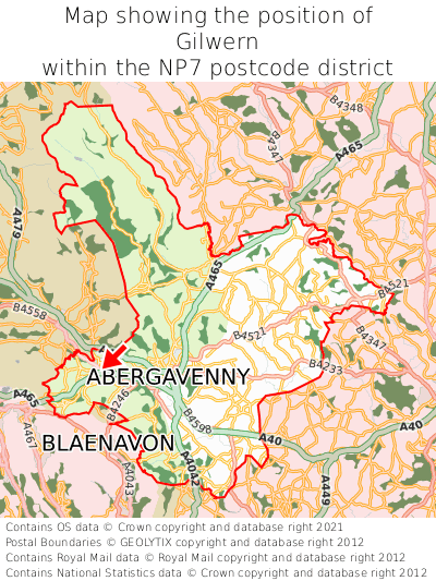 Map showing location of Gilwern within NP7