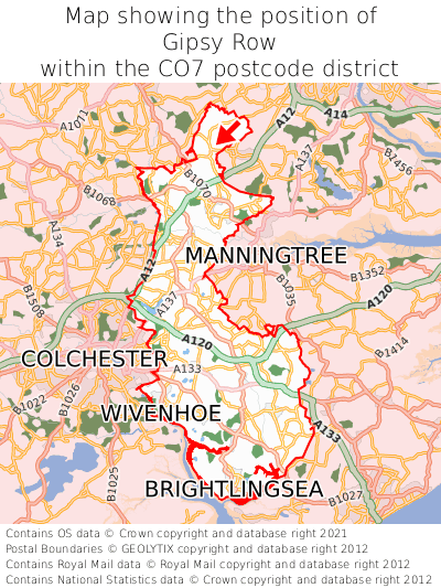 Map showing location of Gipsy Row within CO7