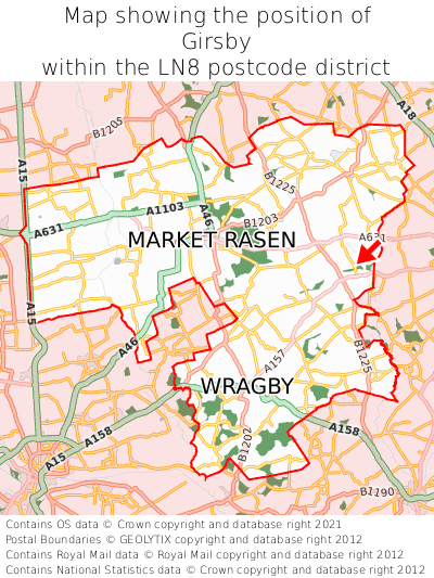 Map showing location of Girsby within LN8