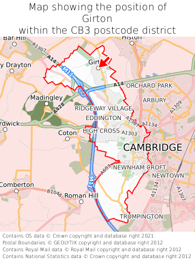 Map showing location of Girton within CB3
