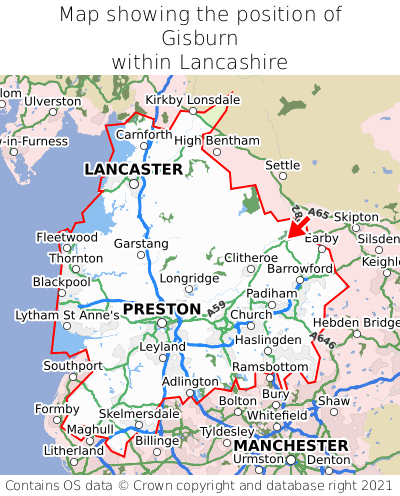 Map showing location of Gisburn within Lancashire