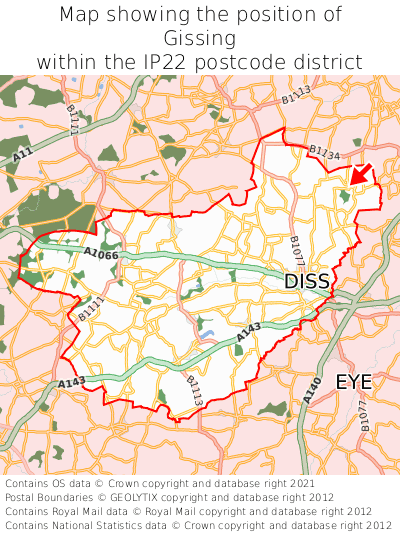 Map showing location of Gissing within IP22