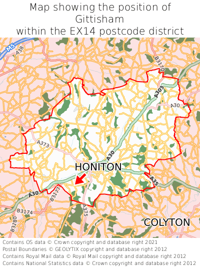 Map showing location of Gittisham within EX14