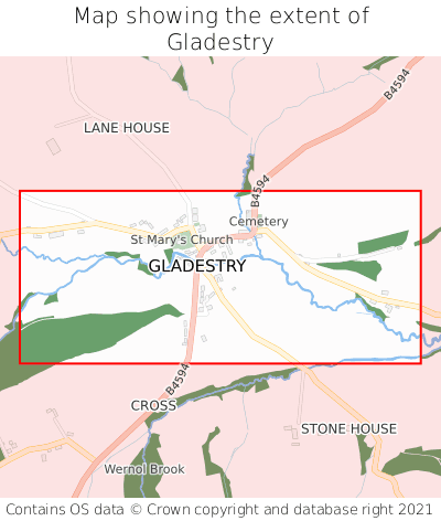 Map showing extent of Gladestry as bounding box