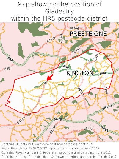 Map showing location of Gladestry within HR5