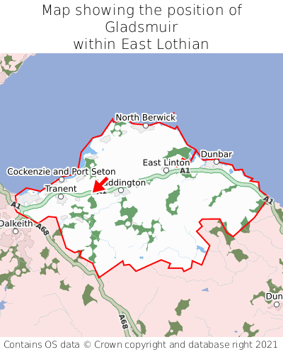 Map showing location of Gladsmuir within East Lothian