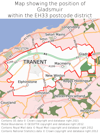 Map showing location of Gladsmuir within EH33