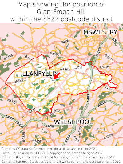 Map showing location of Glan-Frogan Hill within SY22