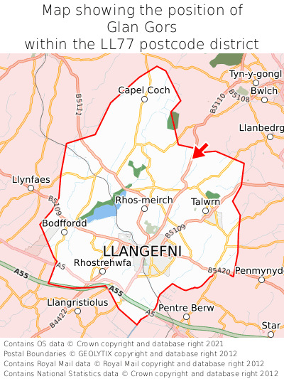 Map showing location of Glan Gors within LL77
