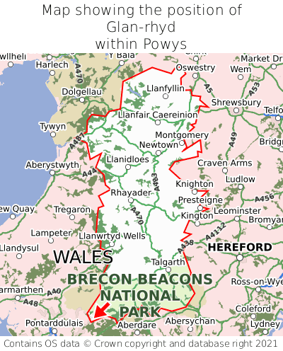 Map showing location of Glan-rhyd within Powys