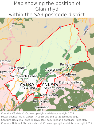 Map showing location of Glan-rhyd within SA9