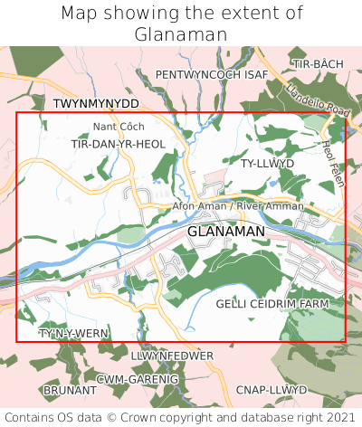 Map showing extent of Glanaman as bounding box