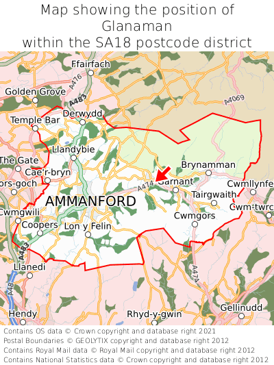 Map showing location of Glanaman within SA18