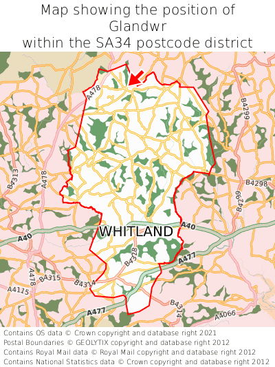 Map showing location of Glandwr within SA34