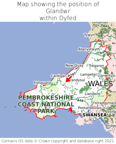 Map showing location of Glandwr within Dyfed