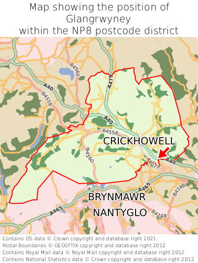 Map showing location of Glangrwyney within NP8