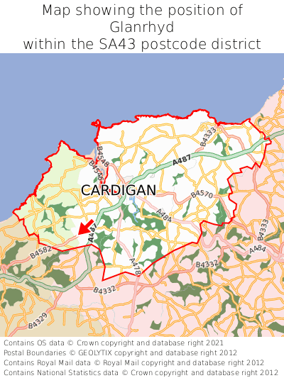 Map showing location of Glanrhyd within SA43