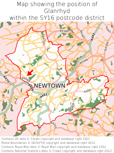 Map showing location of Glanrhyd within SY16