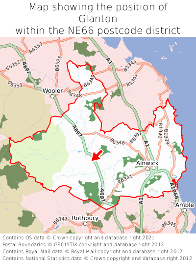 Map showing location of Glanton within NE66