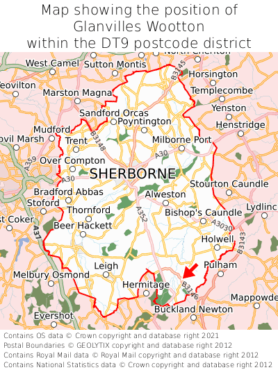 Map showing location of Glanvilles Wootton within DT9